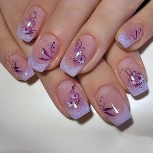 Purple French Tip Press on Nails Floral Flowers False Nails for Women 24 Pcs